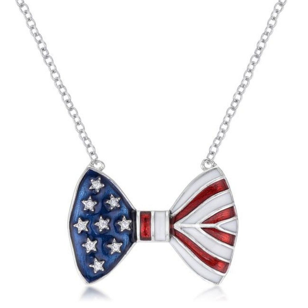 .025 Ct Stars and Stripes Bow Tie Necklace w/CZ
